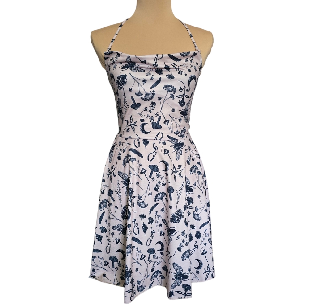 Women's Floral Boho Mushroom Print A Line Halter Tie Dress - Small